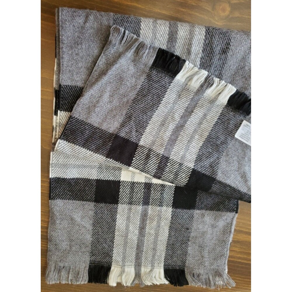 Vintage Scarf Plaid Self Fringe Black White Gray Woven Reverses 11" x 58" France